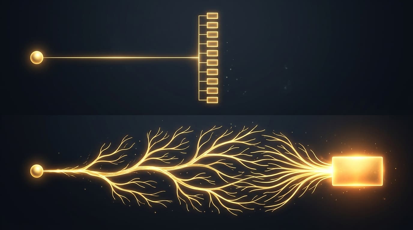 Comparison of traditional search showing a linear list of results versus AI search synthesizing multiple sources into a single answer