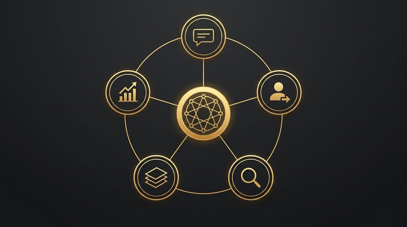 System diagram showing how AI website features — chatbot, personalization, search, content, and analytics — connect through a central hub