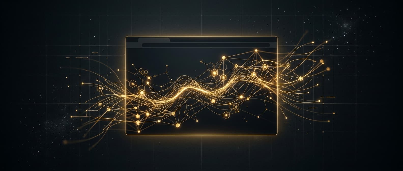 Abstract visualization of an AI-powered website with neural network patterns flowing through a browser interface