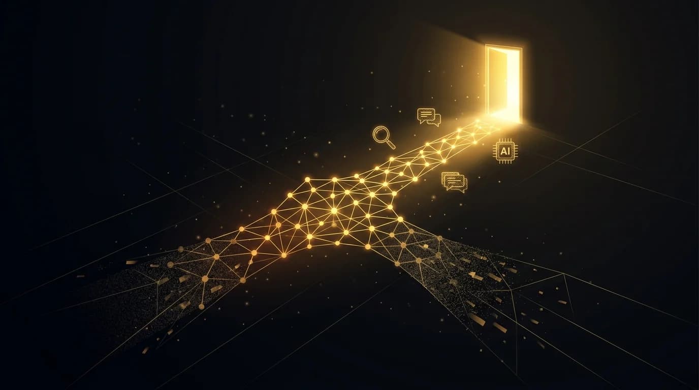 Abstract digital landscape showing AI neural pathways connecting to business websites, with some illuminated and others fading into darkness