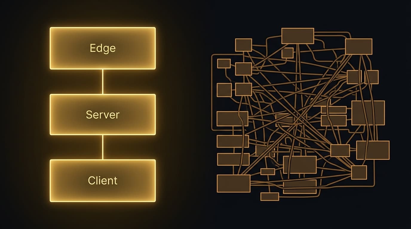 Architecture comparison showing Next.js streamlined three-layer flow versus WordPress complex interconnected structure