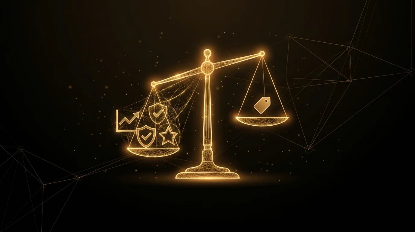 Abstract golden price tag wireframe floating in dark space with trust and transparency symbols radiating outward