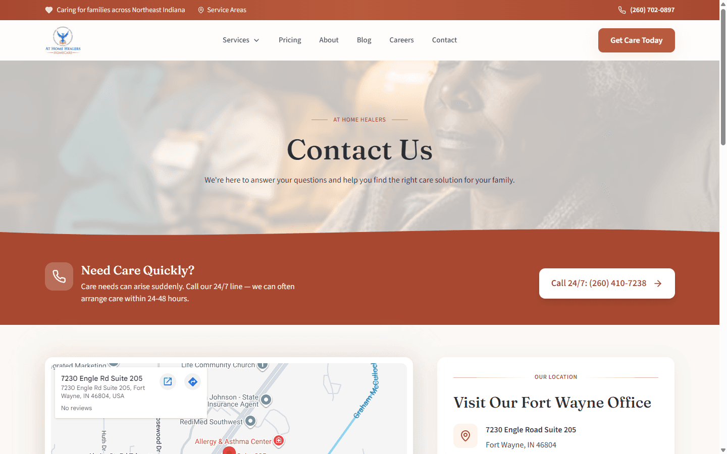 At Home Healers contact page with map and consultation form