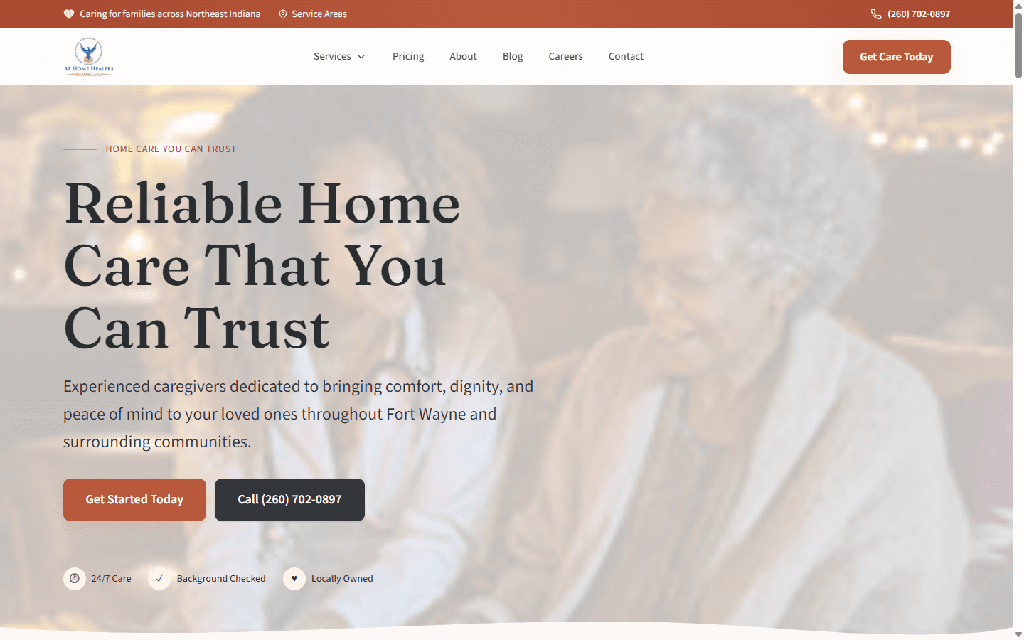 At Home Healers homepage with hero section and call-to-action