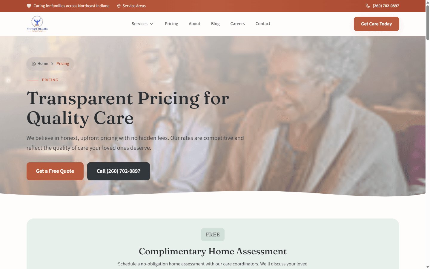 At Home Healers transparent pricing page with service rates