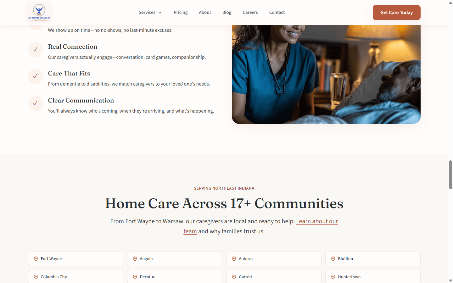 At Home Healers why choose us section and 17+ Northeast Indiana service areas