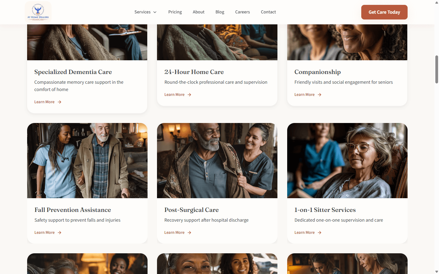 At Home Healers care services grid with dementia, 24-hour, and companionship options