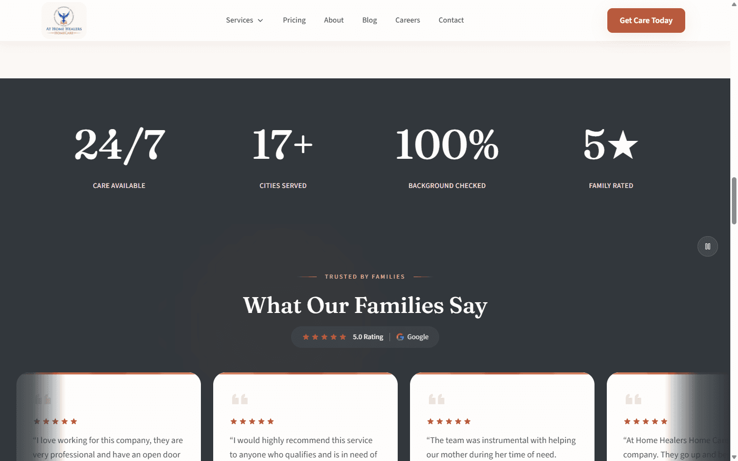 At Home Healers stats and family testimonials with 5-star Google reviews