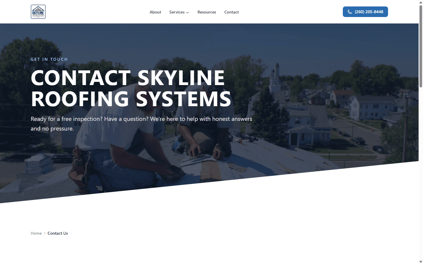 Skyline Roofing contact page with free inspection form