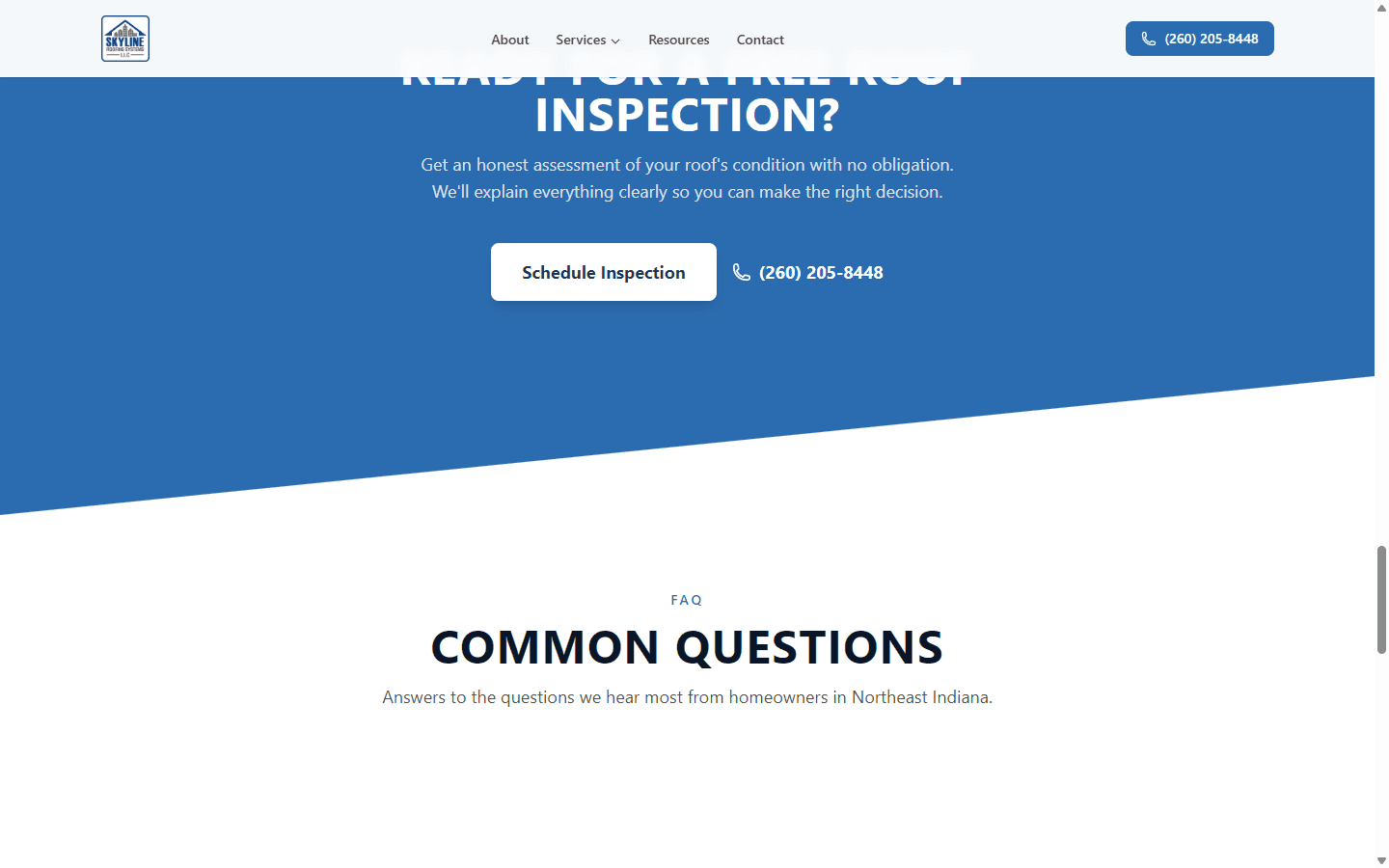 Skyline Roofing free inspection CTA and common questions FAQ section