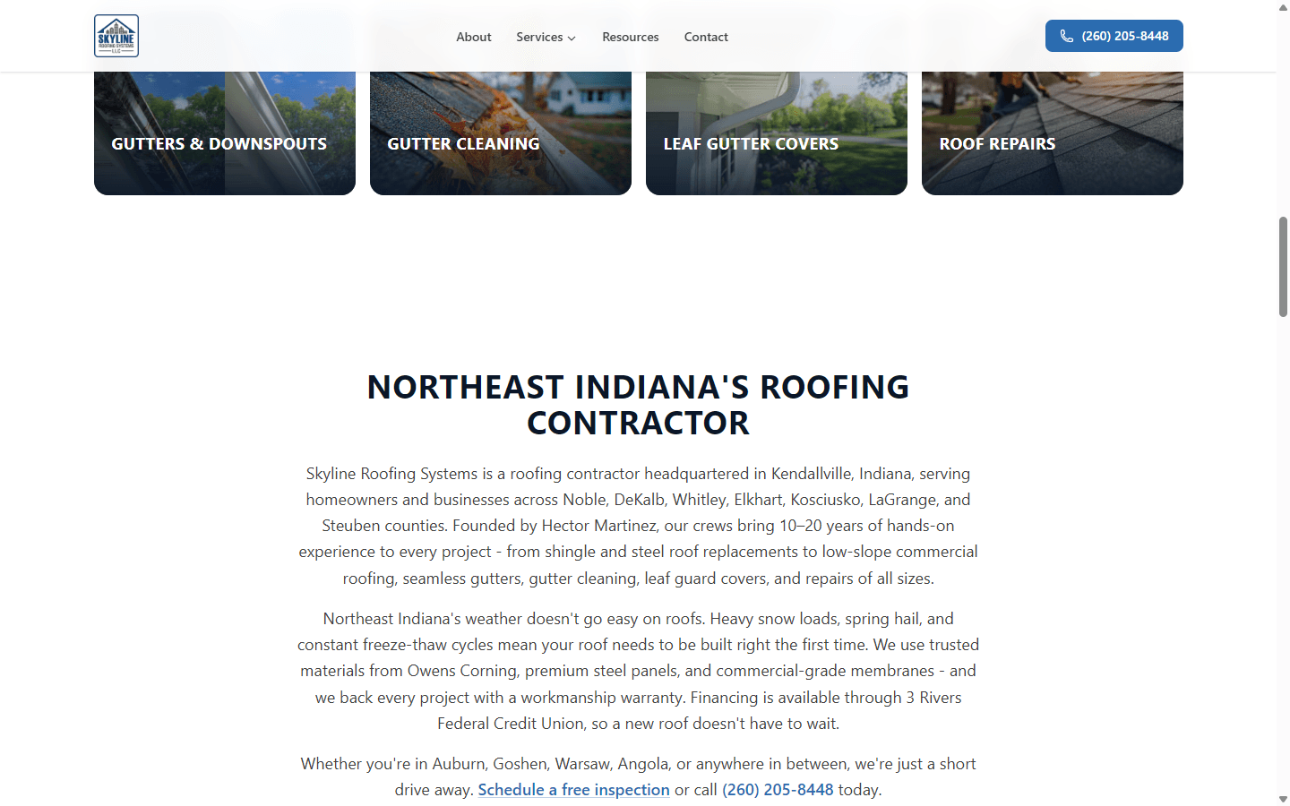 Skyline Roofing gutter services grid and Northeast Indiana contractor description