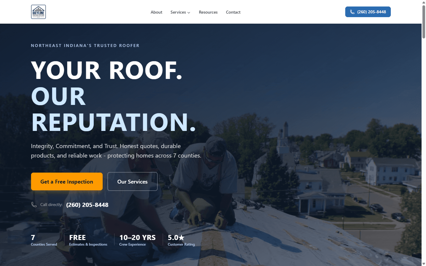 Skyline Roofing Systems homepage with bold hero and crew photo