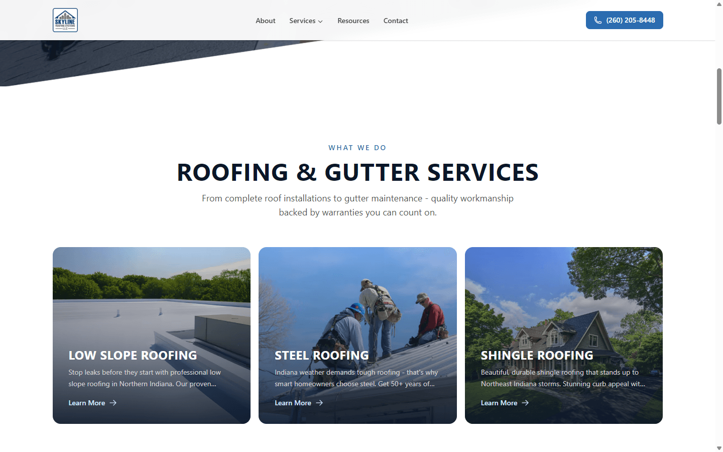 Skyline Roofing roofing and gutter services overview cards