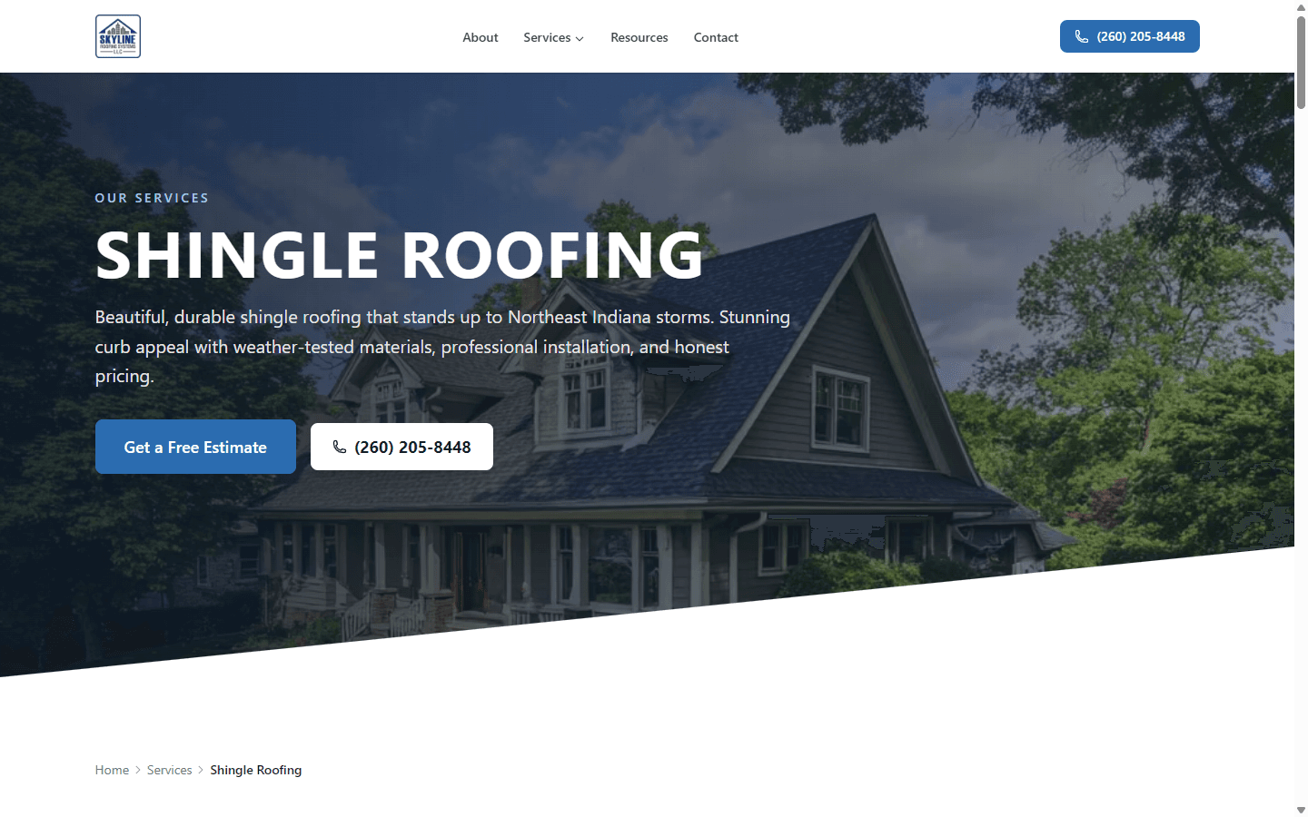 Skyline Roofing shingle roofing service page with pricing